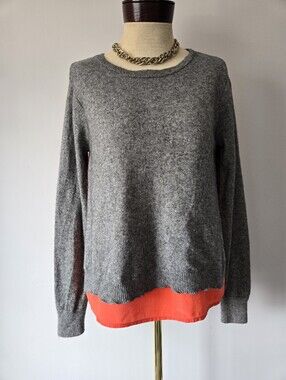 Jamison Cashmere And Silk Gray Layered Hem Sweater with Orange Silk. Size Small
